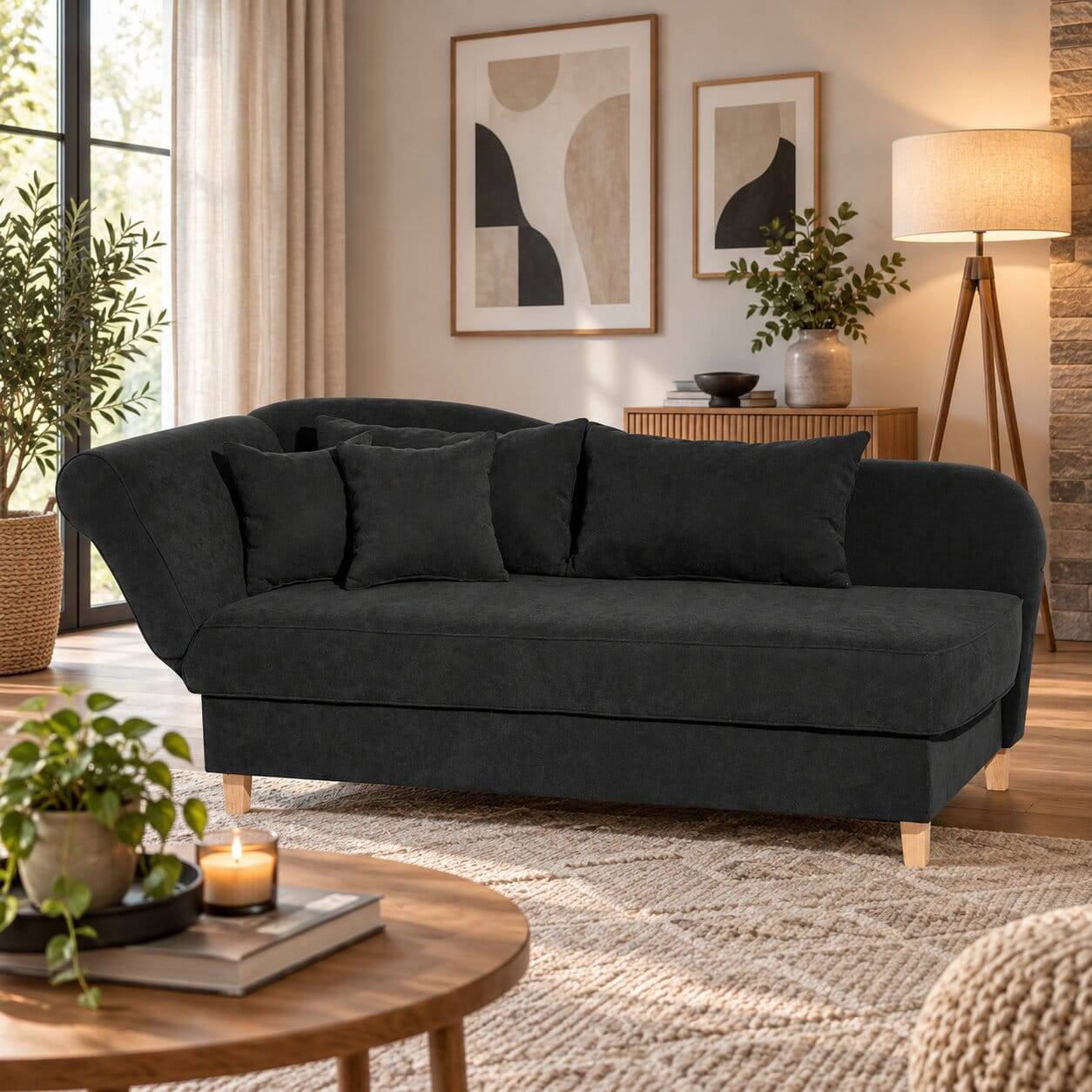 Chaiselongue in Schwarz mit Buche - Lenessia