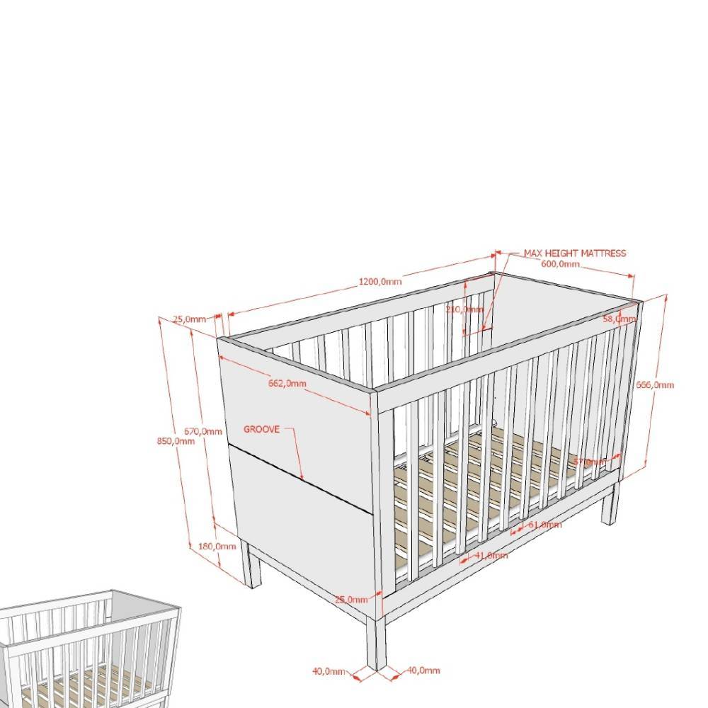 Maße und Abmessungen des Babybetts mit 1200mm Länge und 662mm Breite – Crocinol