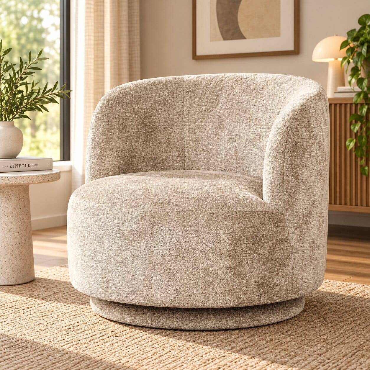 Gerundeter Chenille Wohnzimmersessel in Beige - Paryra