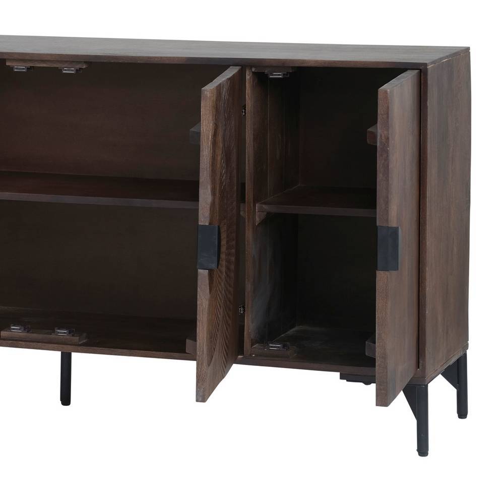 Mangoholz-Sideboard mit geöffneten rechten Türen und sichtbarem Innenfach für zusätzlichen Stauraum – Epos