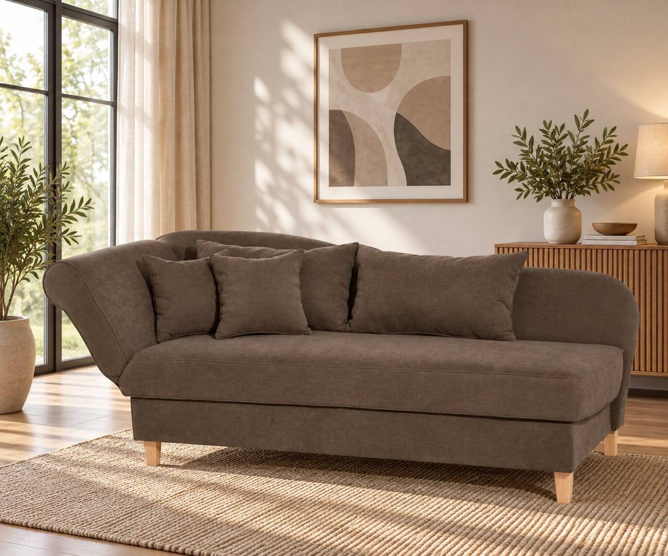 Chaiselongue in Beigegrau mit Buche - Bados