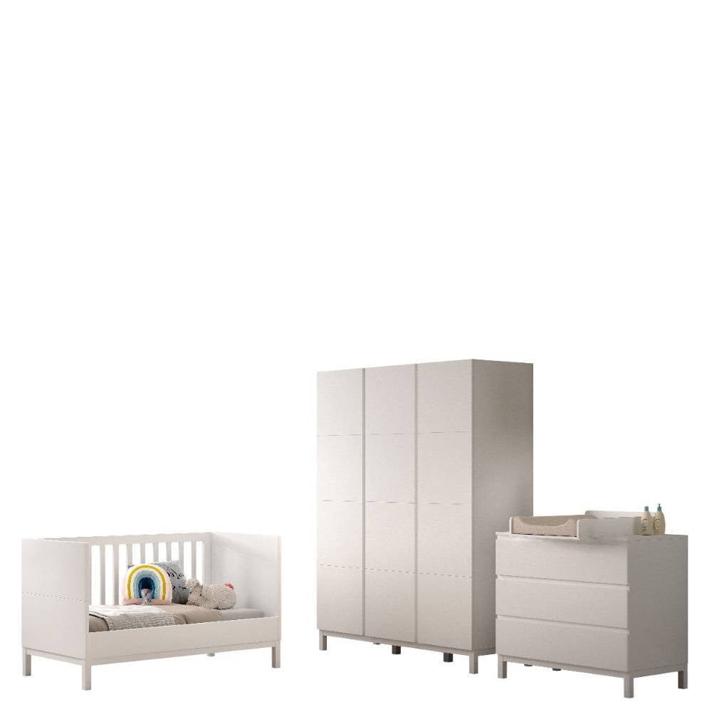 Weißes dreiteiliges Kinderzimmer Komplettset mit Babybett, Kleiderschrank und Wickelkommode – Crocinol