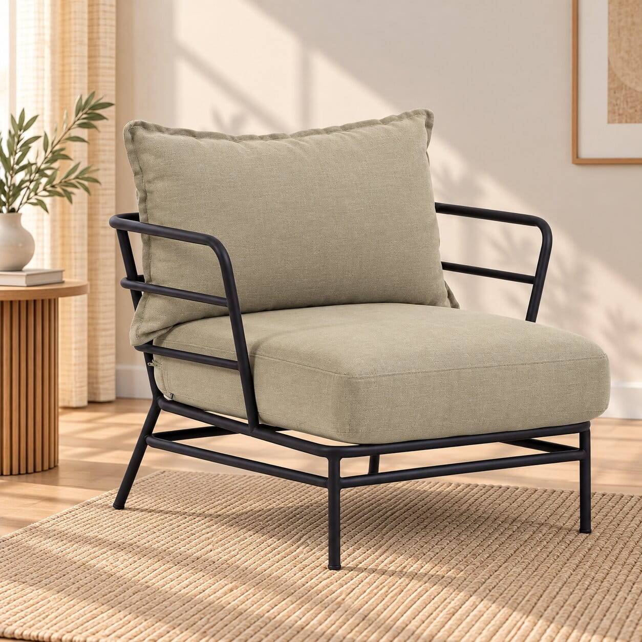 Lounge Sessel in Schwarz Stahl aus Webstoff Beige