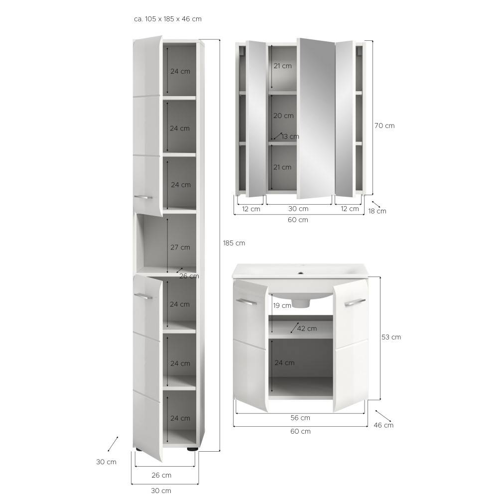 Badezimmermöbel Set Maße und Abmessungen für Hochschrank, Spiegelschrank und Waschtischunterschrank – Clona