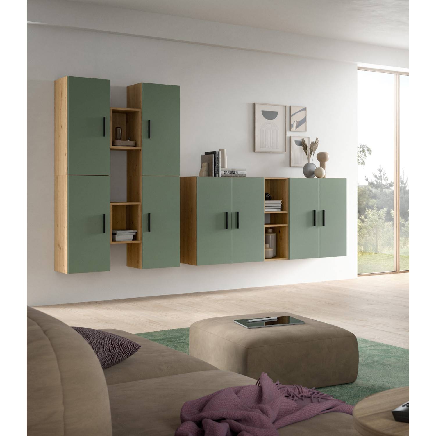 Moderne Wohnzimmer Anbauwand in mattem Grün und Holzoptik an der Wand montiert – Jonni