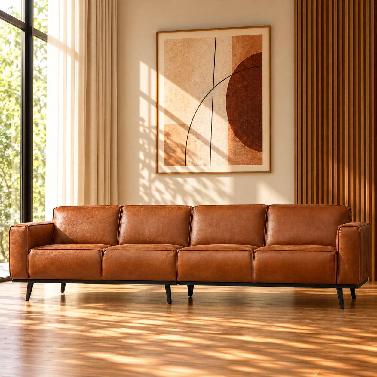 Retro Recyclingleder Couch in Braun Cognac - Lasha