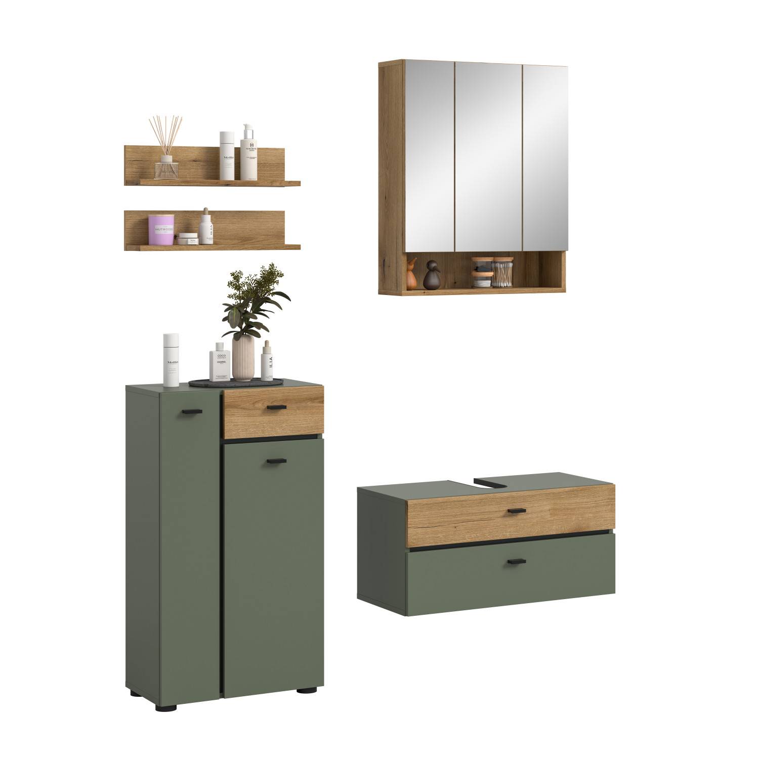 Fünfteiliges Waschplatz Set für das Bad in Grün-Holzoptik mit Spiegelschrank, Regalen und Schränken – Jubby