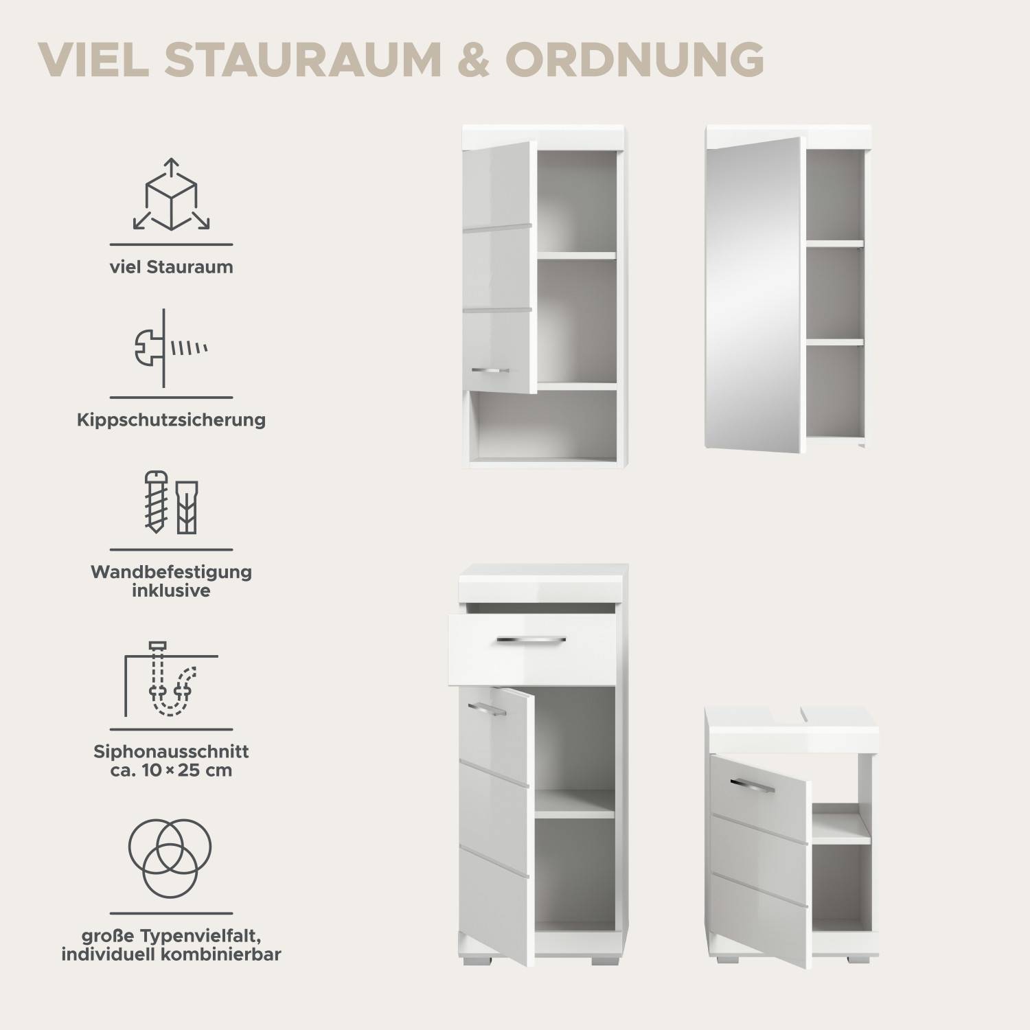 Weißes Badmöbel Set vierteilig mit viel Stauraum, Spiegelschrank, Kippschutz und Siphonausschnitt – Nanila