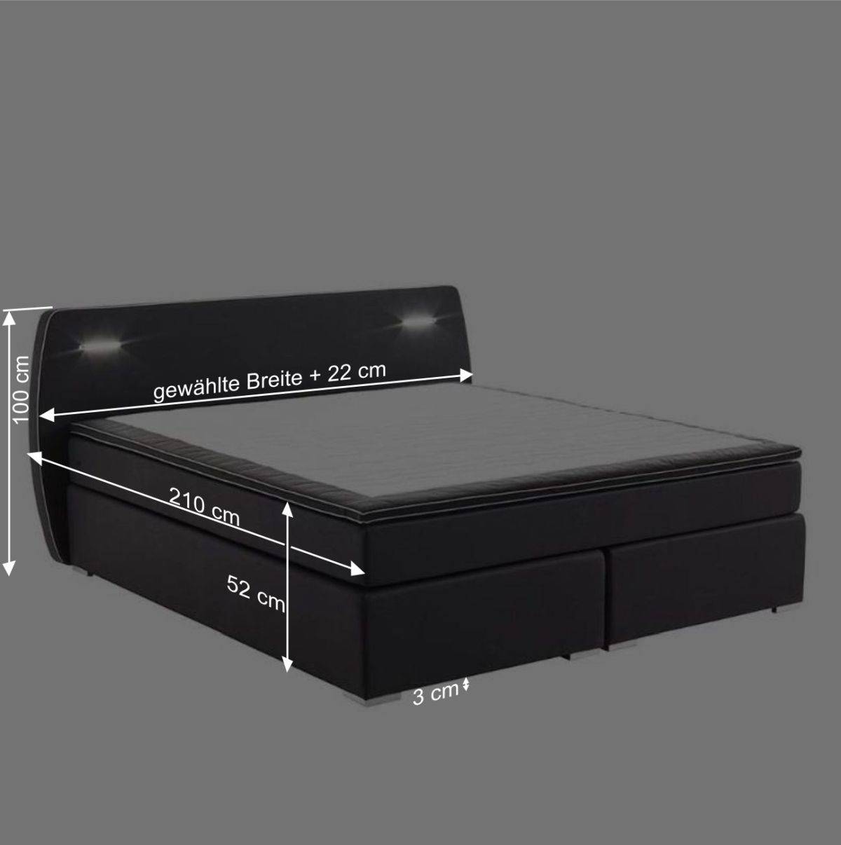 Schwarzes Design-Boxspringbett mit LED - Lubema