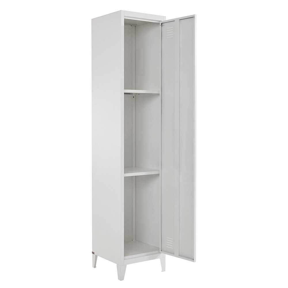 Weißer Metallschrank mit offener Tür und zwei Innenfächern, ideal für Garderobe oder Büro – Montpa