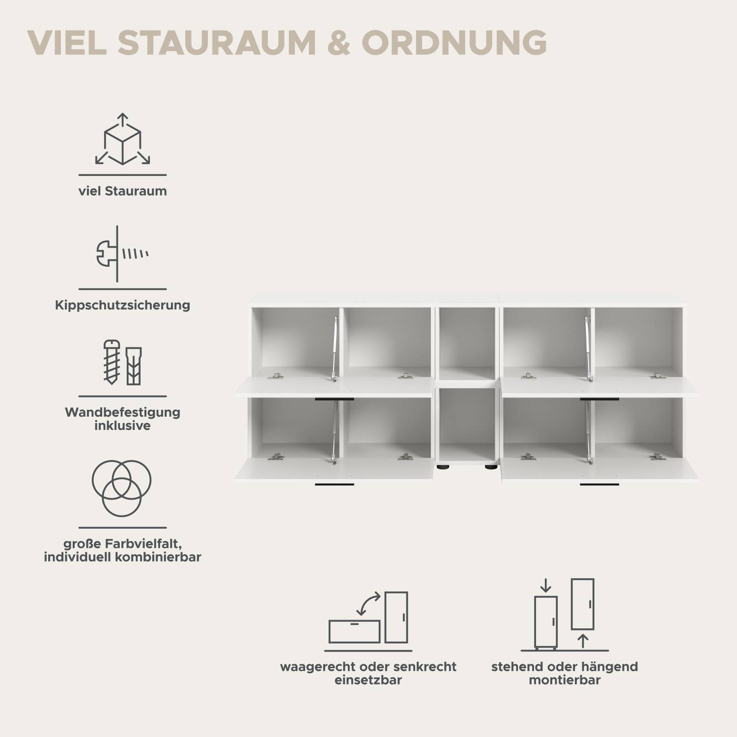 Modulares weißes Schranksystem mit viel Stauraum, flexibel stehend, hängend, waagerecht oder senkrecht montierbar – Actionsa