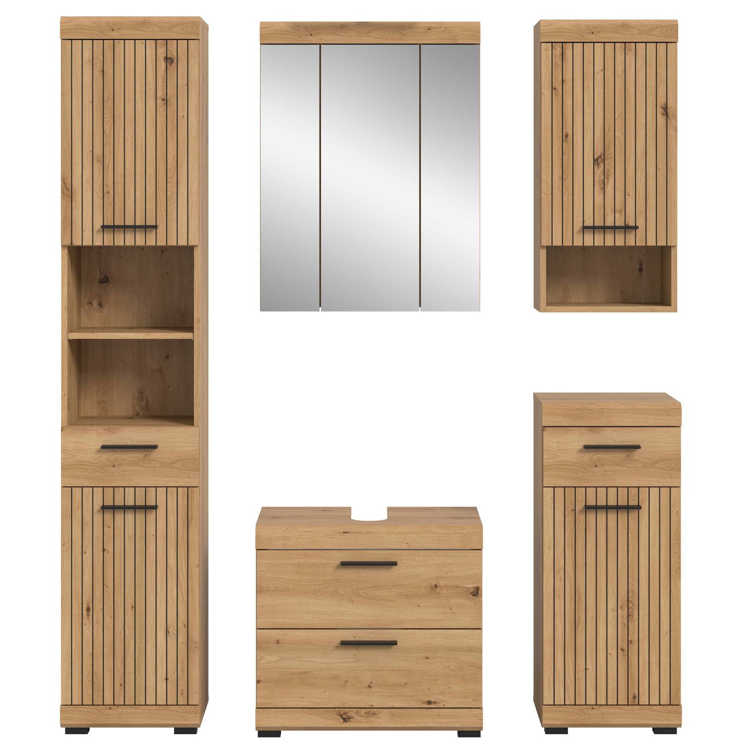 Modernes fünfteiliges Badezimmermöbel-Set in Holzdekor mit Rillenfronten – Lasewood