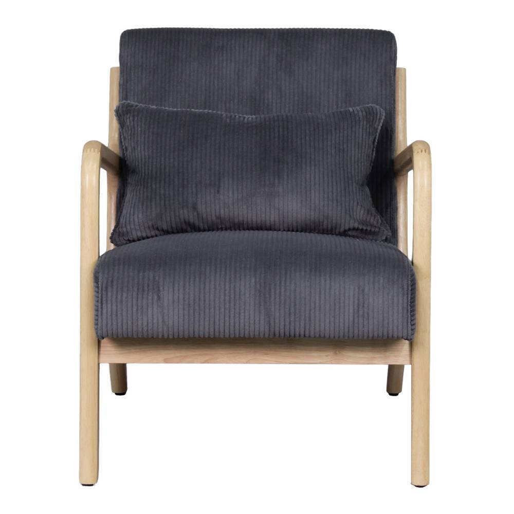 Dunkelgrauer Cord Lounge-Sessel mit Holzelementen und Kissen im modernen Design – Jusip
