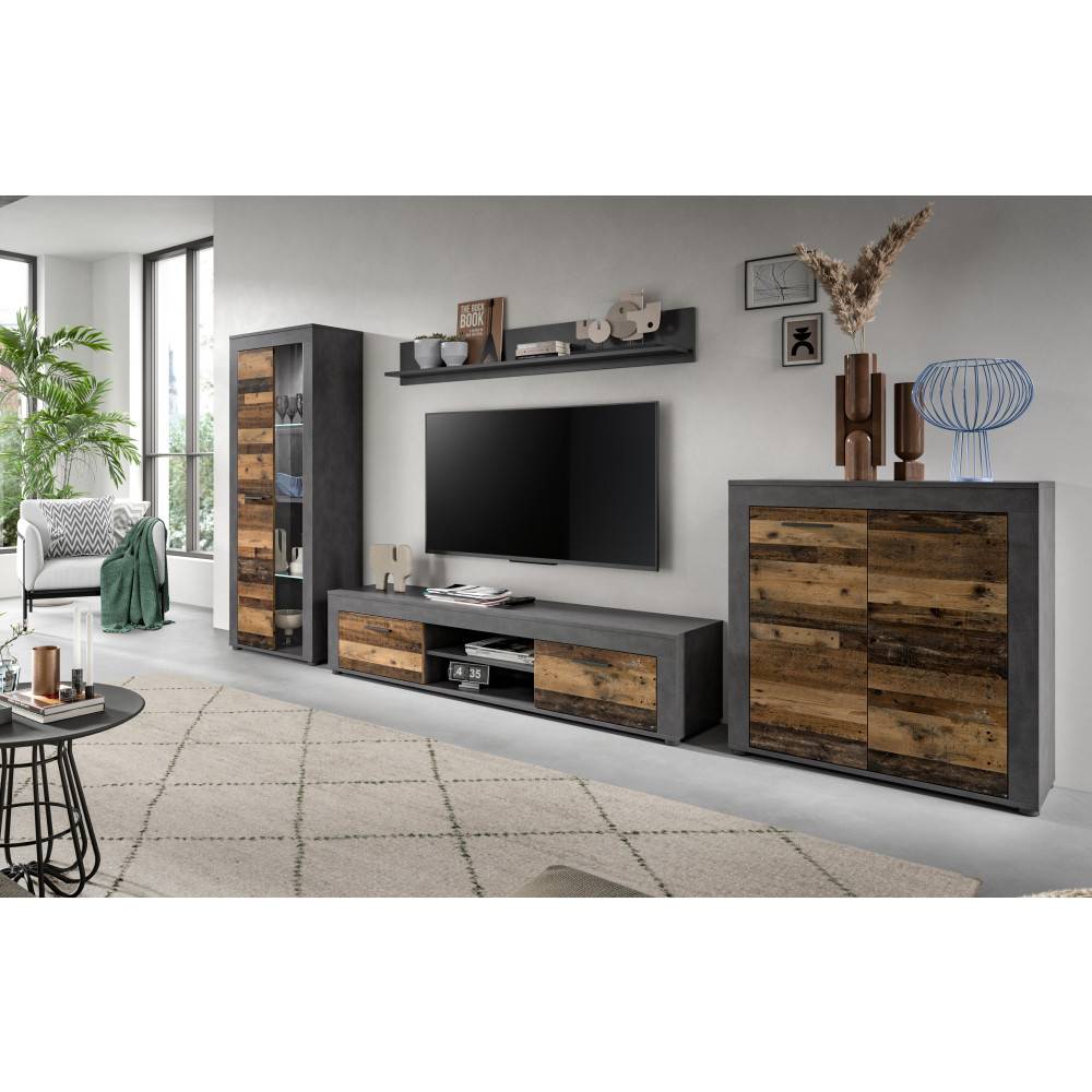 Industrielle Wohnwand mit Lowboard, Hängeregal und Sideboard in Matera Grau und Holzoptik – Istrewy