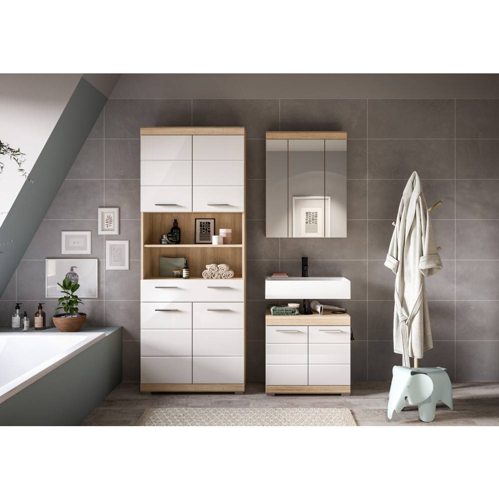 Komplettes Badmöbelset Calbanyara mit Spiegelschrank, Hochschrank und Waschtischunterschrank – Calbanyara