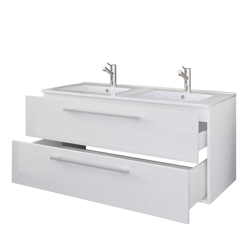 Weißes Badmöbel-Set mit zwei Waschbecken - Matsu (vierteilig)