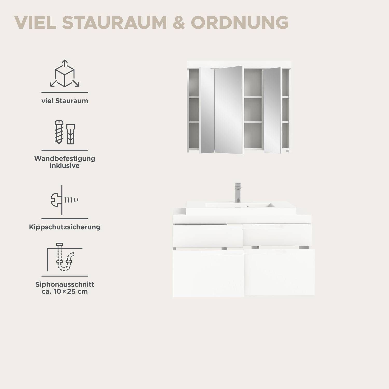 Waschplatz Set mit viel Stauraum, Wandbefestigung, Kippschutz und Siphonausschnitt – Bruna