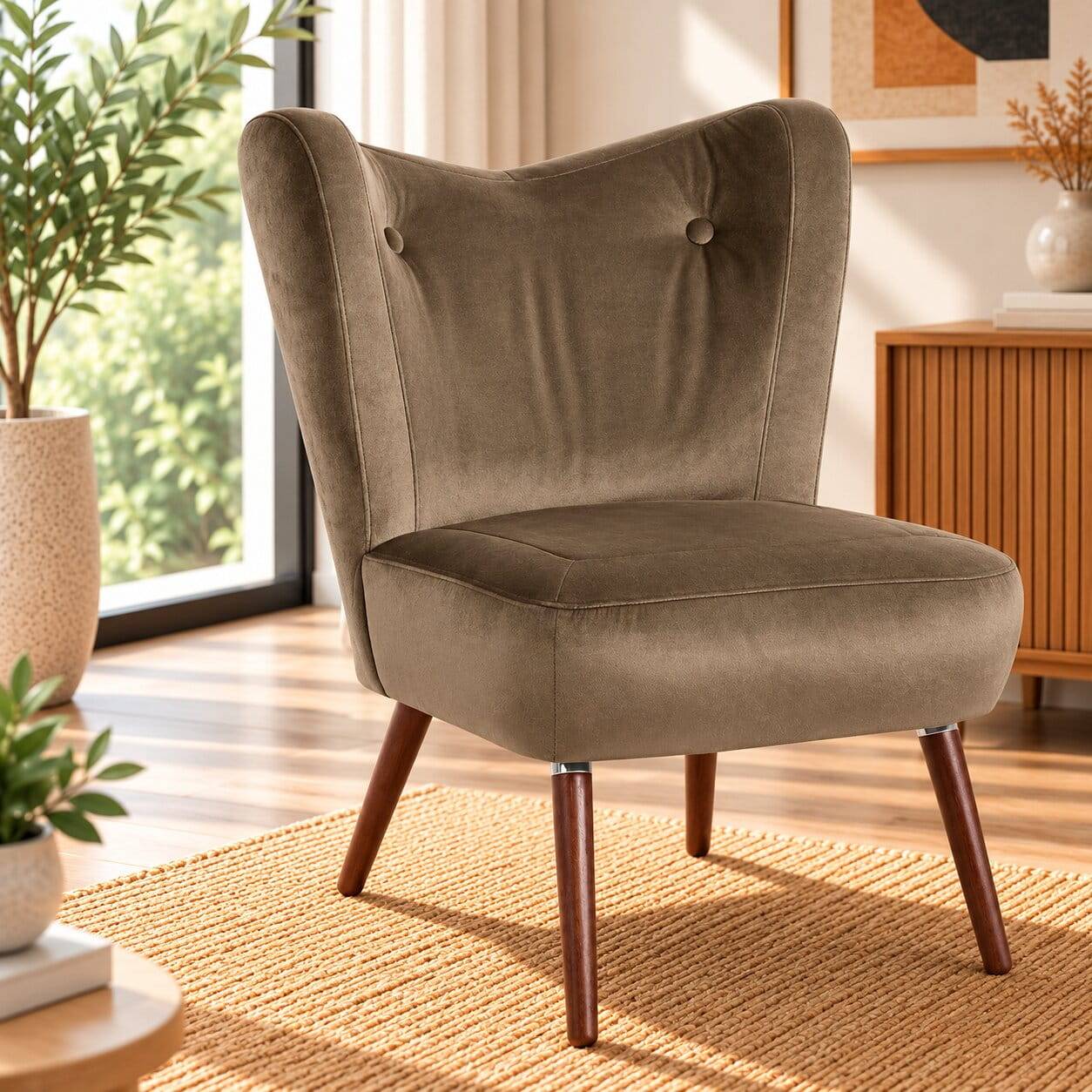 Samtvelours Sessel in Beige und Nussbaum - Lolica