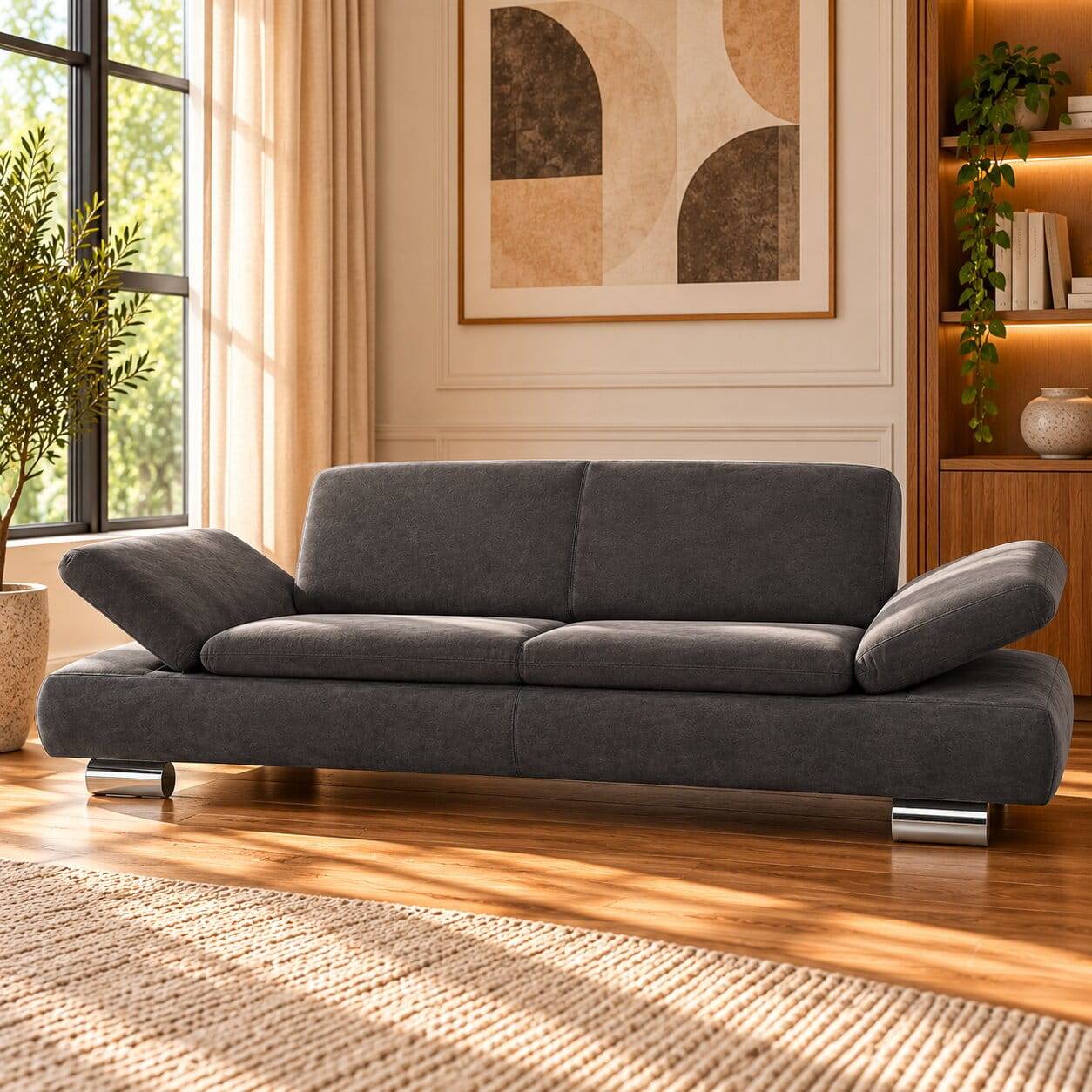 Wohnzimmercouch in Anthrazit mit Chrom - Venezia