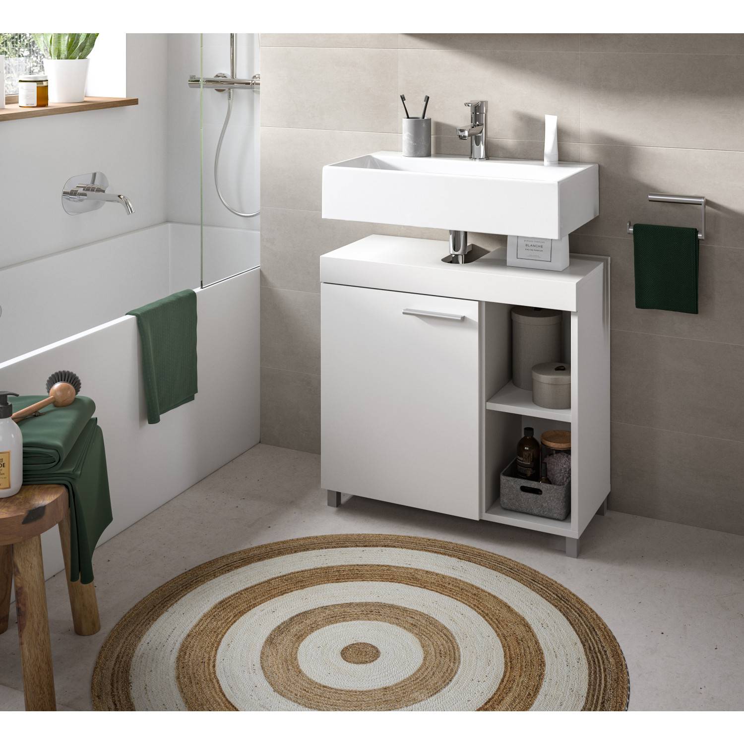 Moderner weißer Badunterschrank mit Waschbecken und Stauraum im Badezimmer – Yamescoa