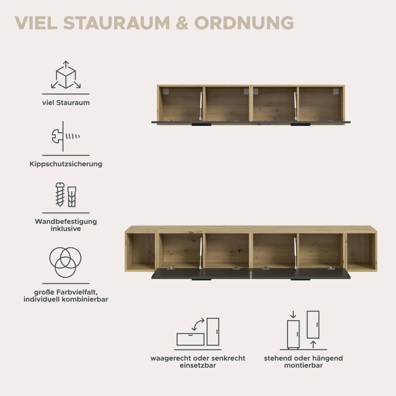 Medienwand Estoron mit offenen Fächern, viel Stauraum, Kippschutz, Wandbefestigung und flexiblen Montageoptionen – Estoron