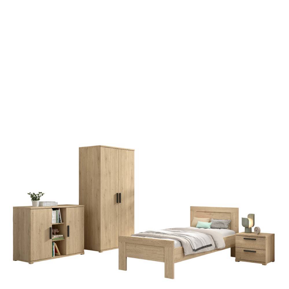 Vierteilige Jugendmöbel Kompletteinrichtung in heller Eiche mit Bett, Schrank, Nachttisch und Regal – Choice