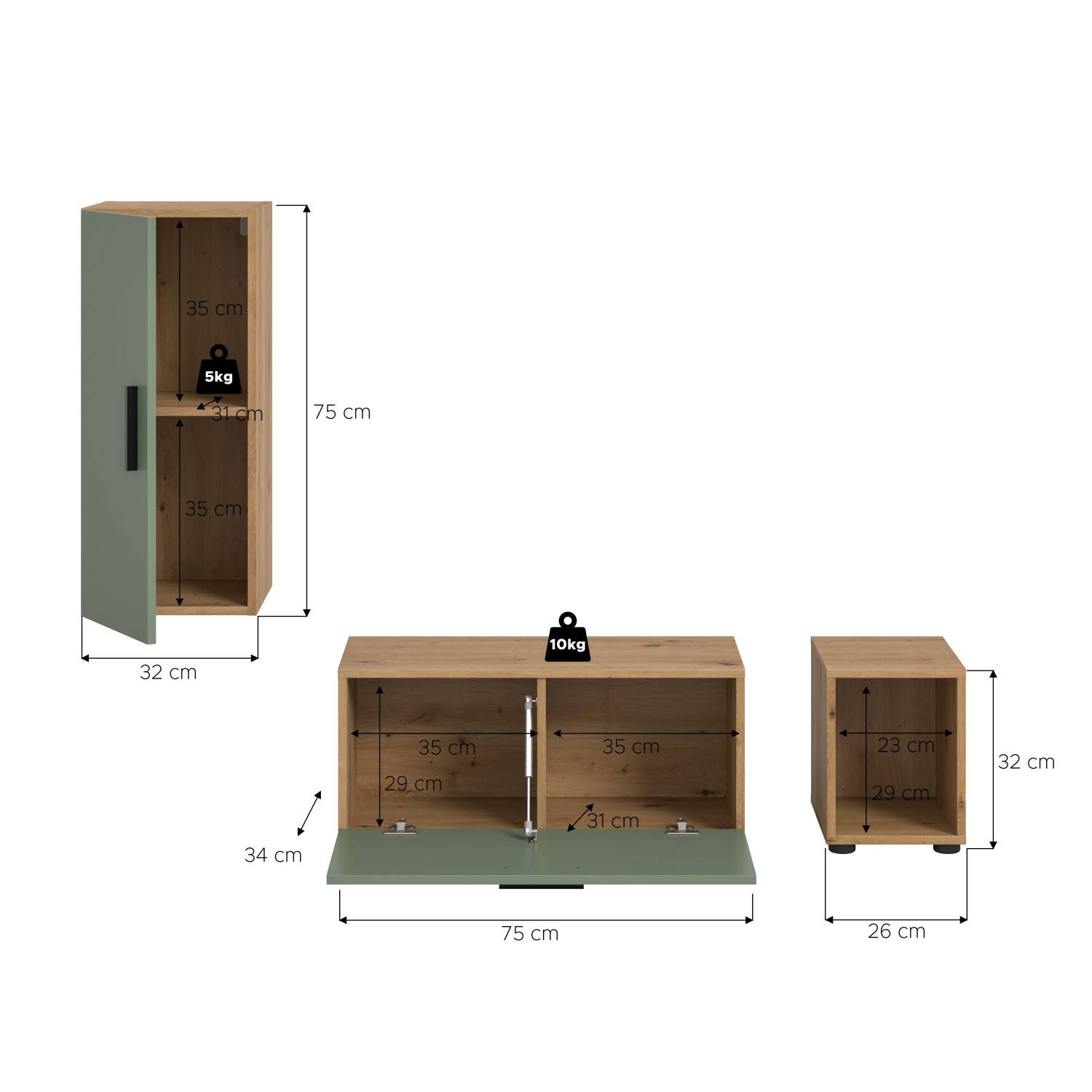 Maße und Belastbarkeit des dreiteiligen Anbauwand Sets in Holzoptik und Salbeigrün – Jonni