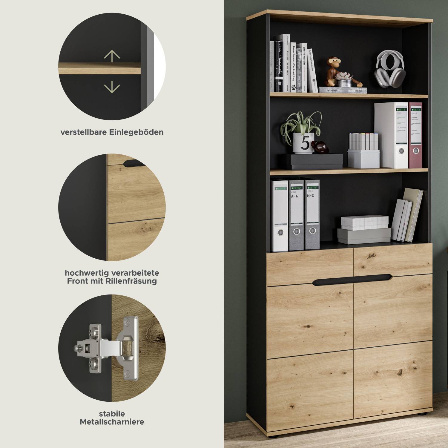 Büroschrank Details mit verstellbaren Einlegeböden, Rillenfräsung und stabilen Metallscharnieren – Irysma