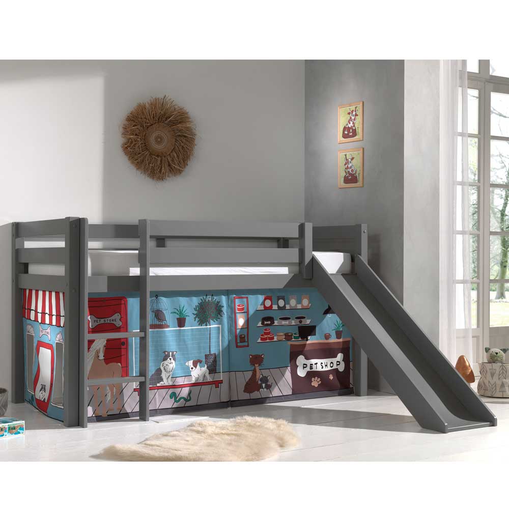Graues Kinderhochbett mit Spielvorhang Tierladen - Lionca