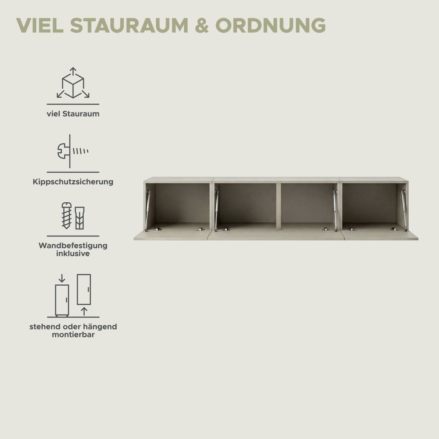 Geräumige Hängeschränke der Wohnwand mit Kippschutz und flexibler Montageoption – Draguno