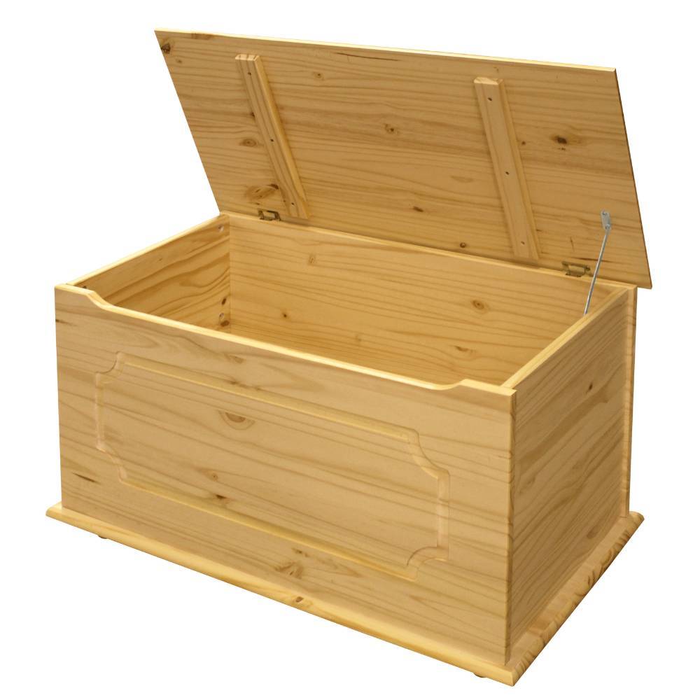 Geöffnete Massivholz Truhenbank aus Kiefer mit viel Stauraum und praktischem Deckelmechanismus – Ekorena