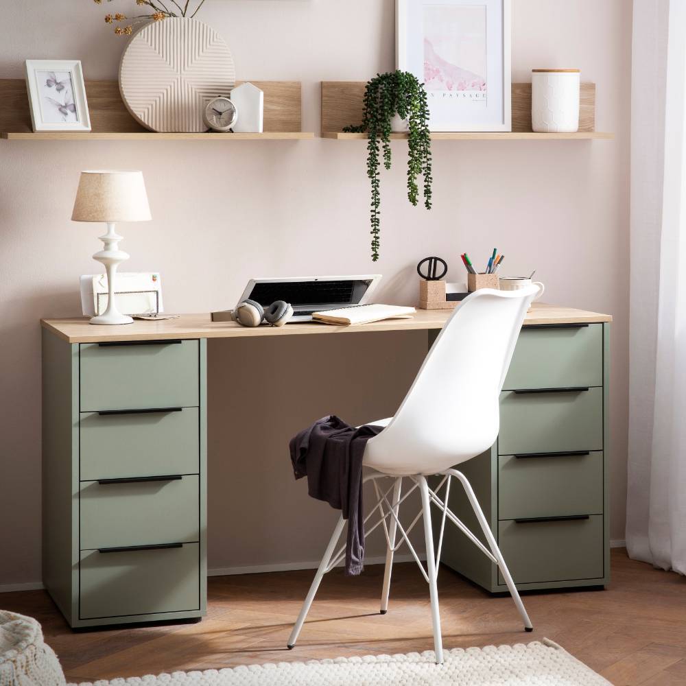 Moderner Schreibtisch in Hellgrün mit Holzplatte im Homeoffice, perfekt für Arbeitszimmer – Jirma