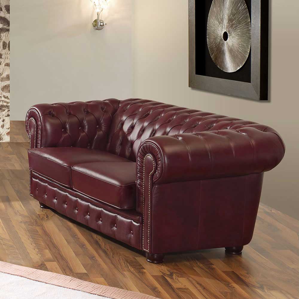 Wohnzimmer Couch in Dunkelrot Leder - Tuguda