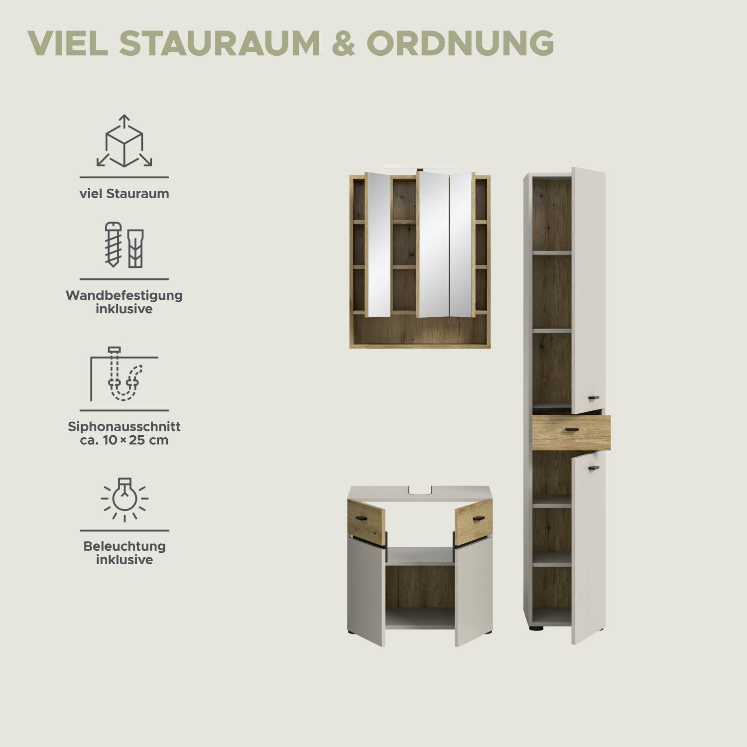 Dreiteiliges beiges Badmöbelset mit Stauraumfunktionen, Wandbefestigung und Beleuchtung – Majoristo