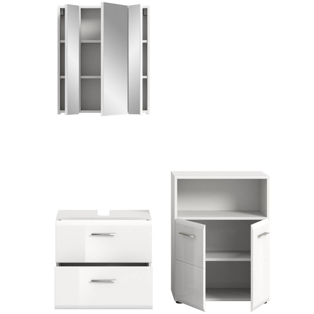 Weißes dreiteiliges Badmöbel Set mit Spiegelschrank, Waschtischunterschrank und Hochschrank – Clona