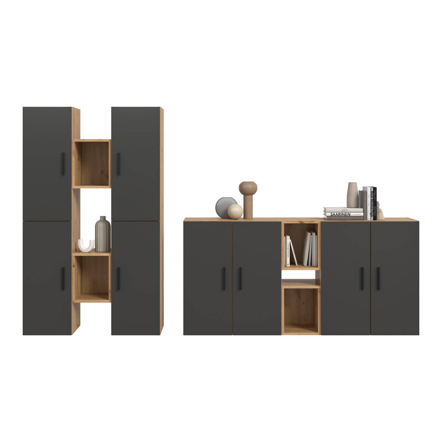 Moderne Wohnwand Kombination in Artisan Oak und Basalt mit offenen und geschlossenen Fächern – Estoron