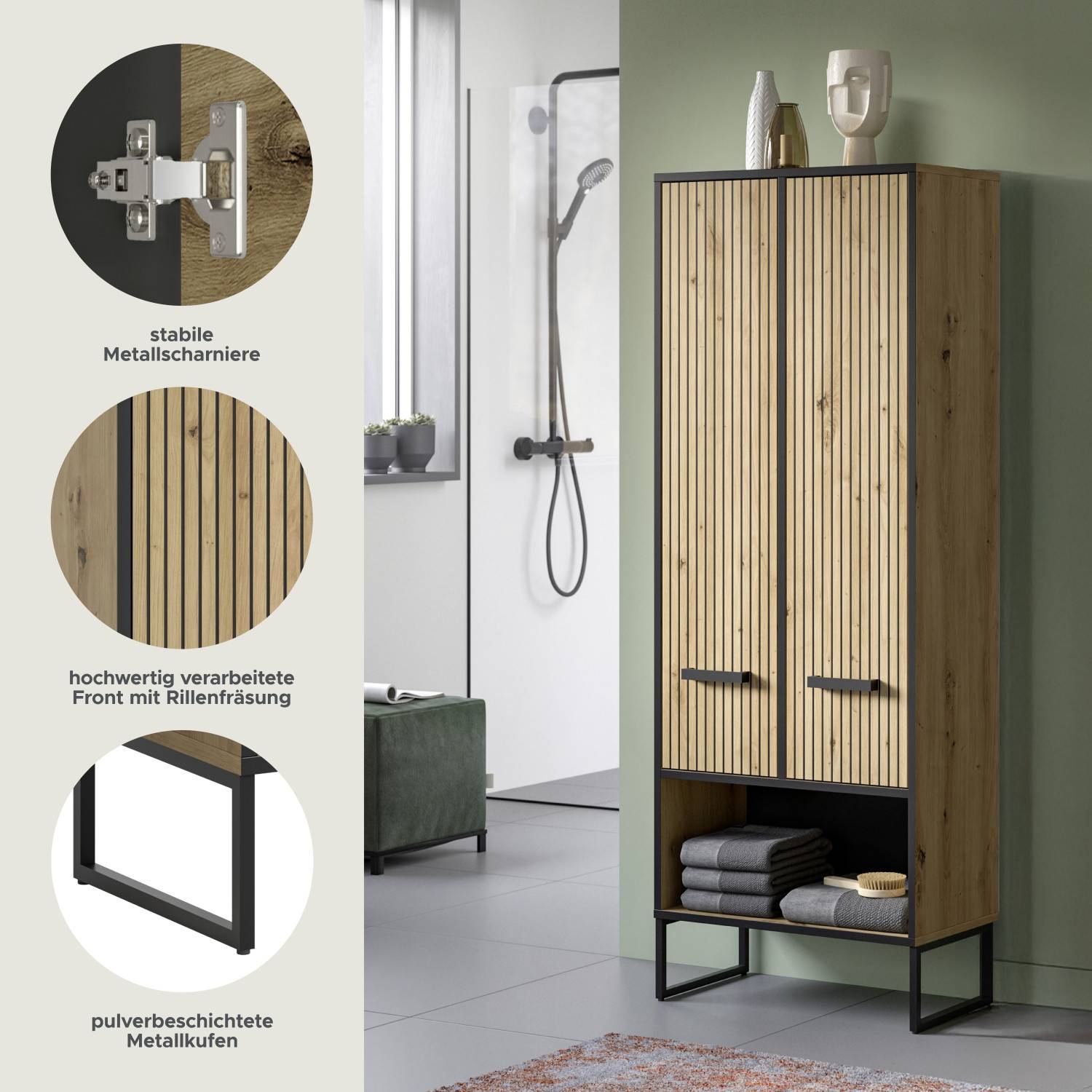 Schrankdetails: stabile Metallscharniere, hochwertige gerillte Front und Metallkufen – Brutannia