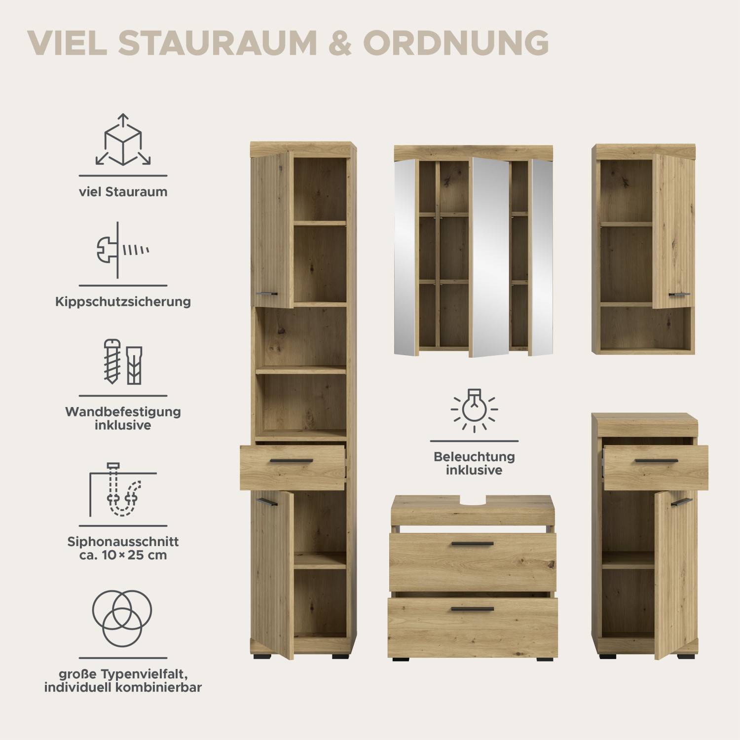 Badezimmermöbel Set fünfteilig in Leistenoptik mit viel Stauraum, Kippschutz und Beleuchtung – Lasewood