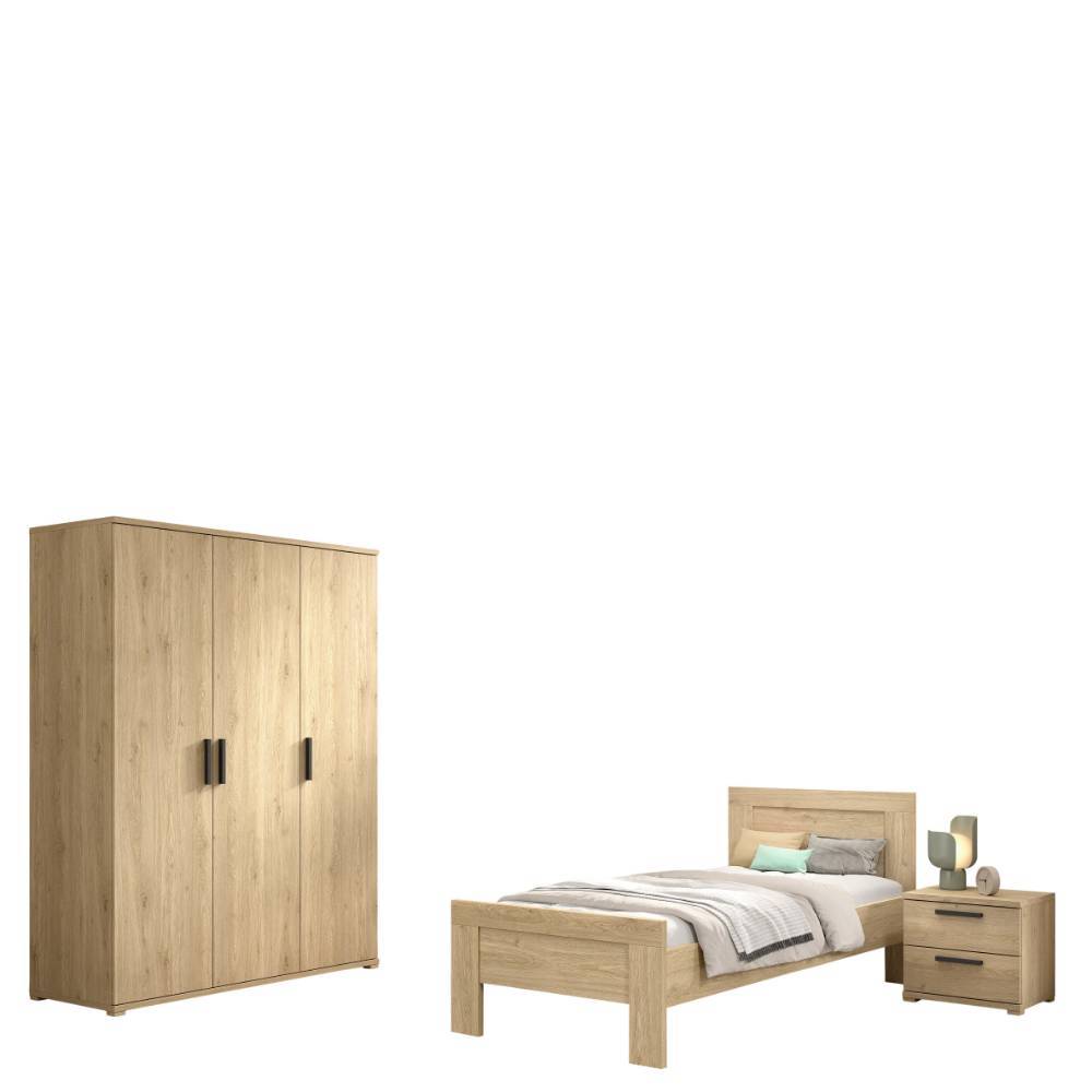 Komplettes Jugendzimmer mit Kleiderschrank, Einzelbett und Nachtkommode aus Eiche – Choice