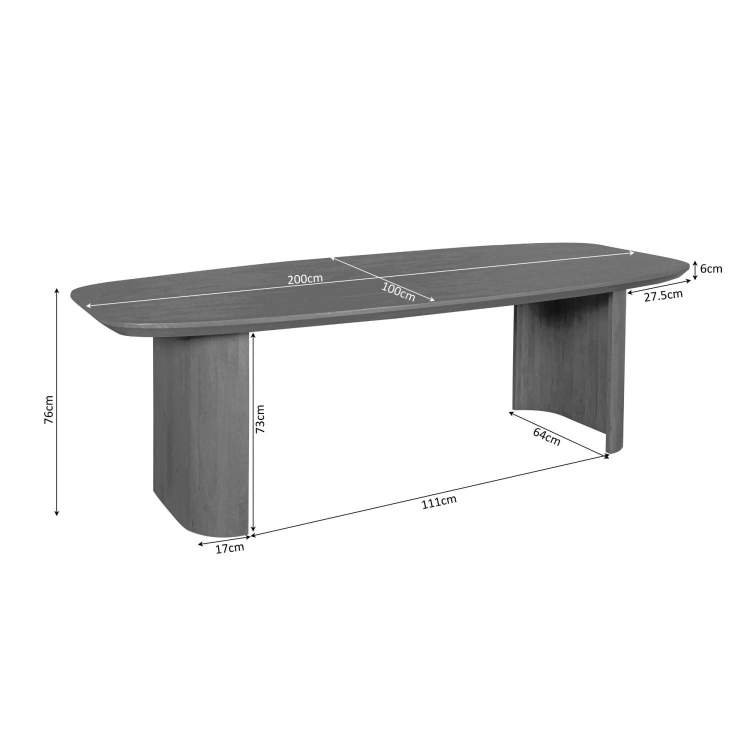 Designertisch 200 cm lang mit geschwungenem Sockel – Maße und Abmessungen – Addagio