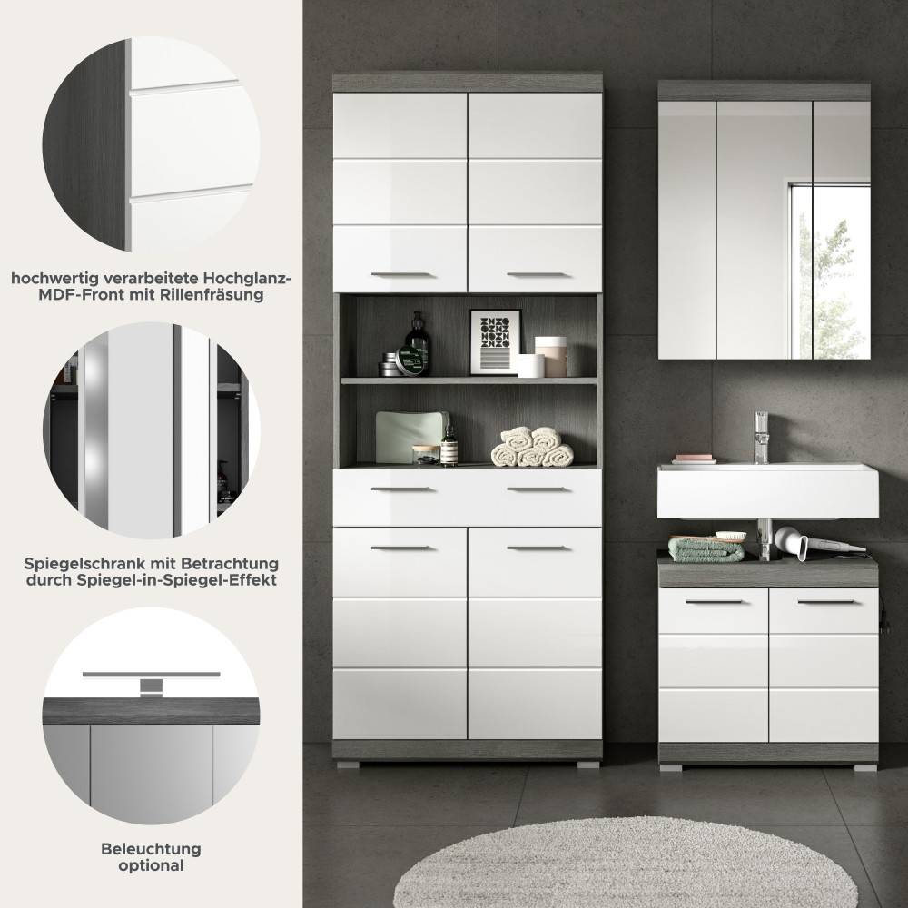 Badezimmermöbelset Hochglanz-MDF-Front mit Rillenfräsung, Spiegelschrank mit Spiegel-Effekt, Beleuchtung – Nancys