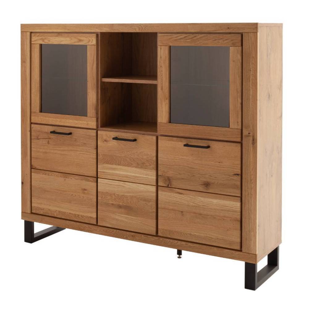 Modernes Highboard Vitrine aus massiver Wildeiche mit Glas- und Holztüren für Wohnzimmer – Scarlett