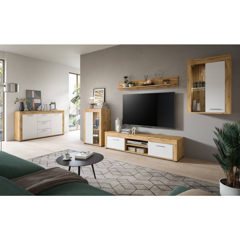 Moderne vierteilige Wohnwand in Wotan Eiche Melamin und Weiß für das Wohnzimmer – Jatiga