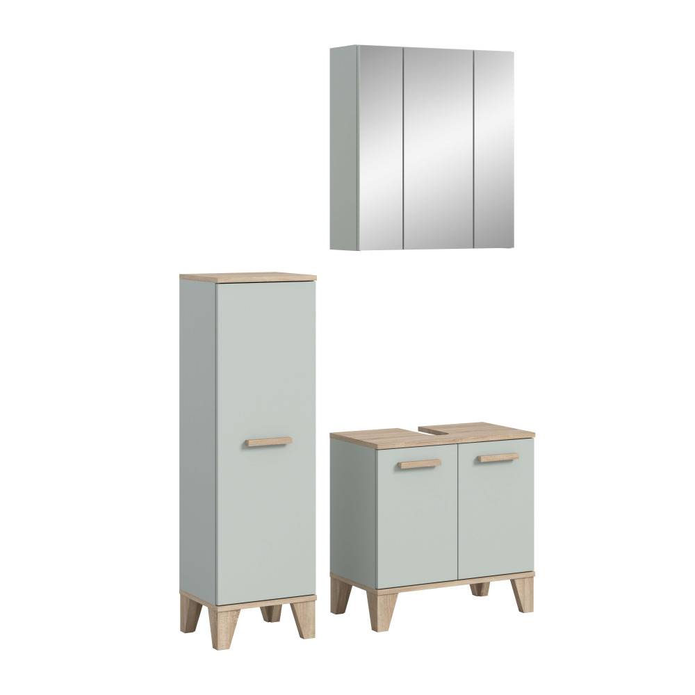 Dreiteiliges Badezimmermöbel Set in Hellgrün mit Holzfüßen und modernem Design, Türen geschlossen – Cambossa