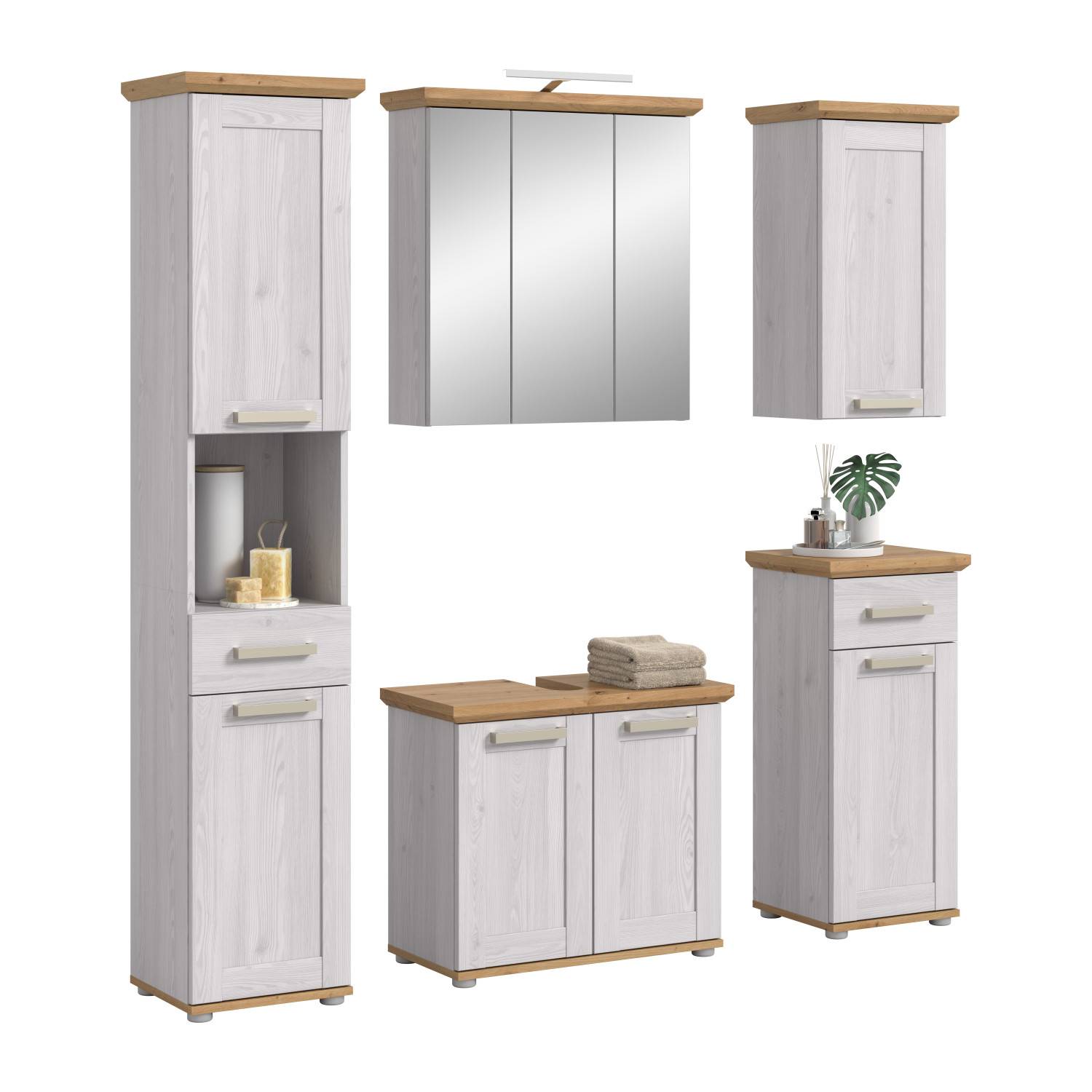 Fünfteiliges weißes Badmöbel Set mit Hochschrank, Spiegelschrank, Hängeschrank und Waschtisch – Tocella