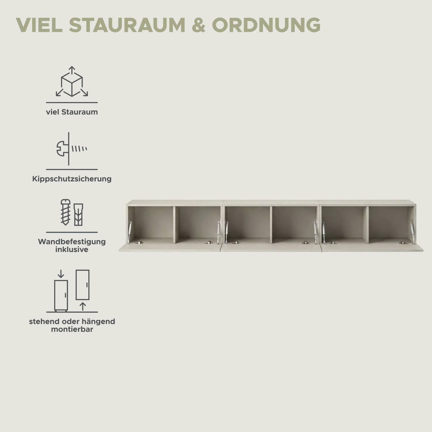 Viel Stauraum im Hänge Lowboard mit Kippschutz und flexibler Wandmontageoption – Draguno