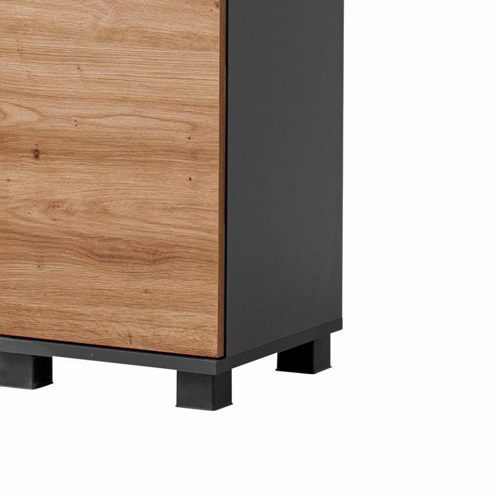 Badezimmer Hochschrank Unterseite mit schwarzen Füßen und Korpus in Anthrazit Wildeiche Optik – Plicardo