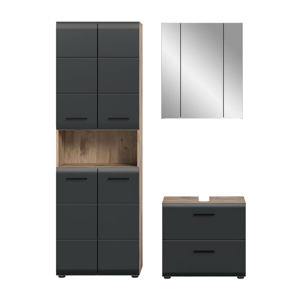 Komplettes dreiteiliges Badmöbel Set Karina in eleganter Anthrazit-Holzoptik – Karina