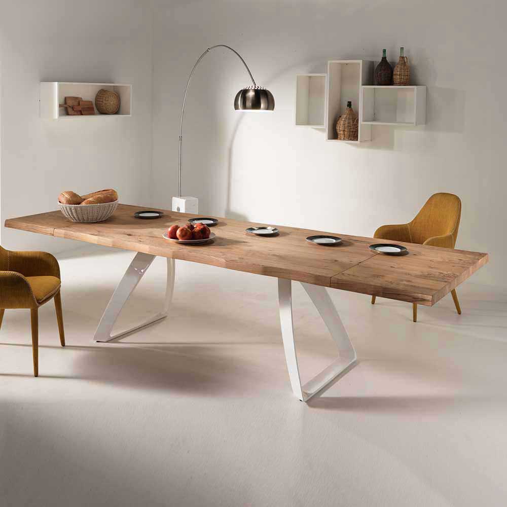Tisch mit Baumkante Eiche Carmian & Metall Bügelgestell in Weiß