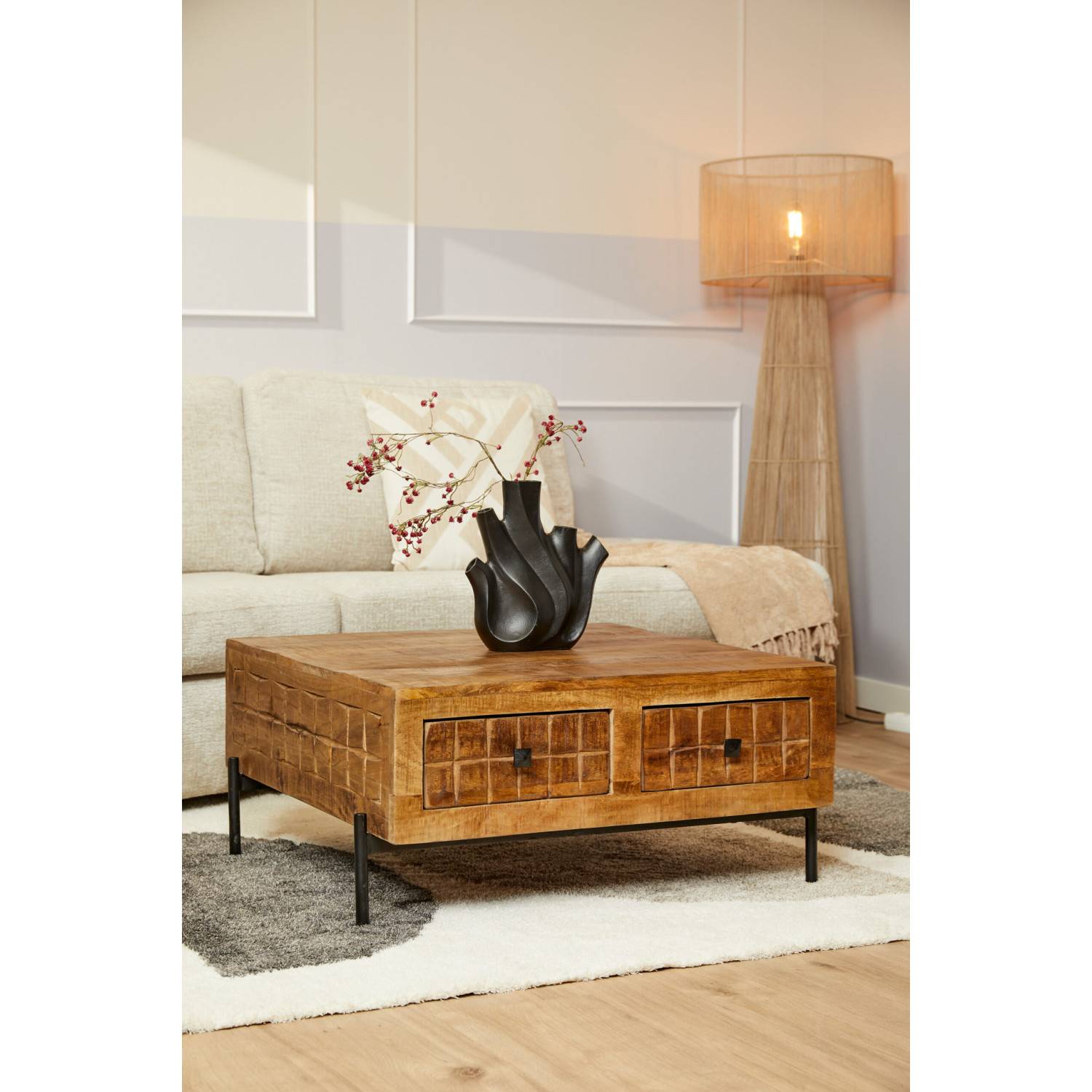 Massiver Couchtisch aus Mangoholz mit zwei Schubladen und robustem Metallgestell – Miaoly
